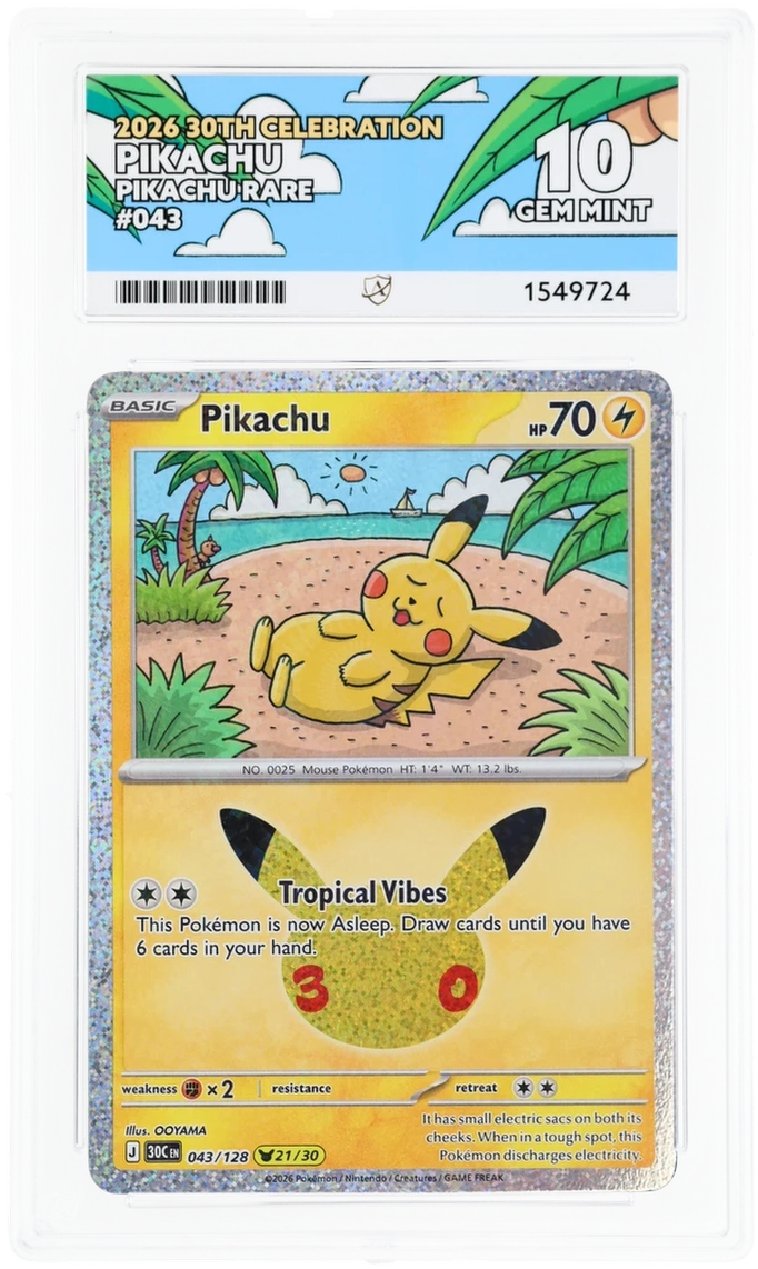 ACE 10, Gem Mint, Pikachu #043 Graded card.