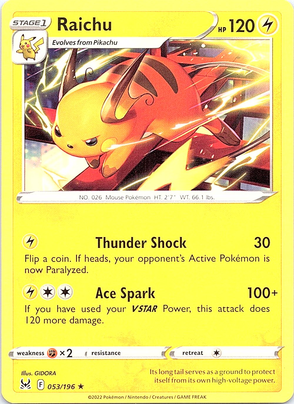 Raichu 053/196 Rare Lost Origin Pokemon Moderately Played