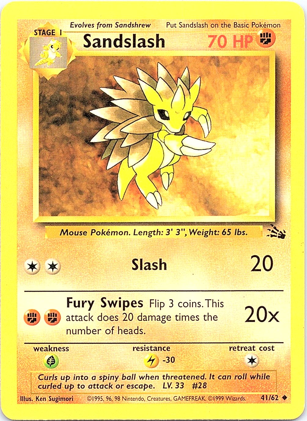 Sandslash 41/62 Uncommon Fossil Pokemon Unlimited Heavily Played