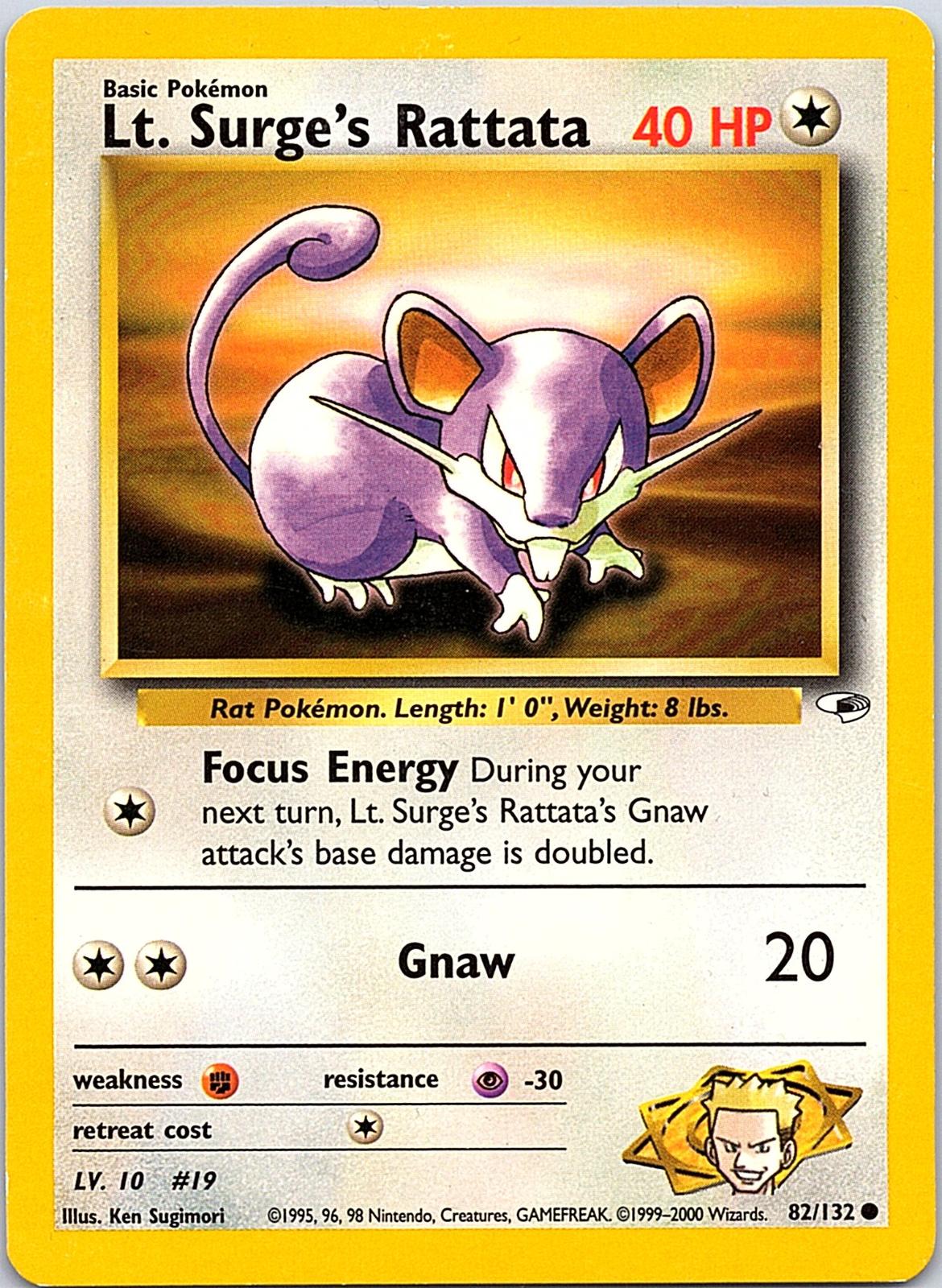Lt. Surge's Rattata 82/132 Common Gym Heroes Pokemon Unlimited Moderately Played