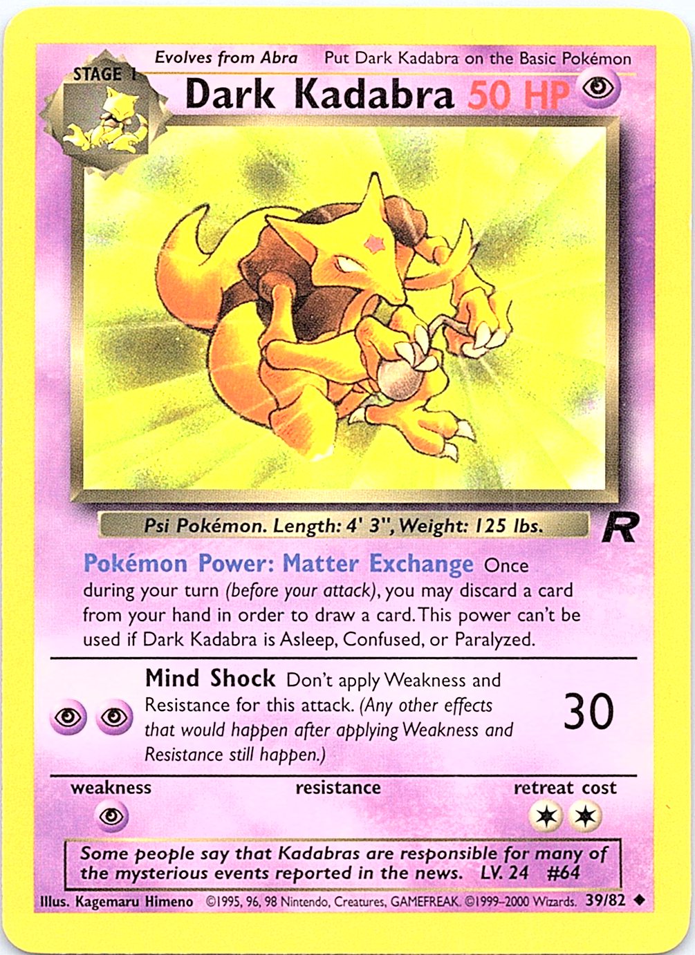 Dark Kadabra 39/82 Uncommon Team Rocket Pokemon Unlimited Heavily Played