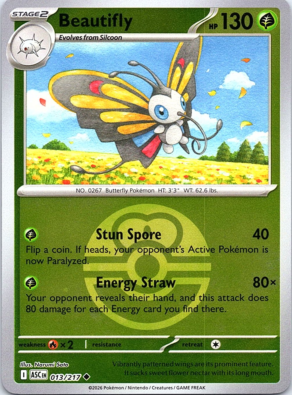 Beautifly (Love Ball) 013/217 Uncommon Ascended Heroes Pokemon Reverse Holo NM
